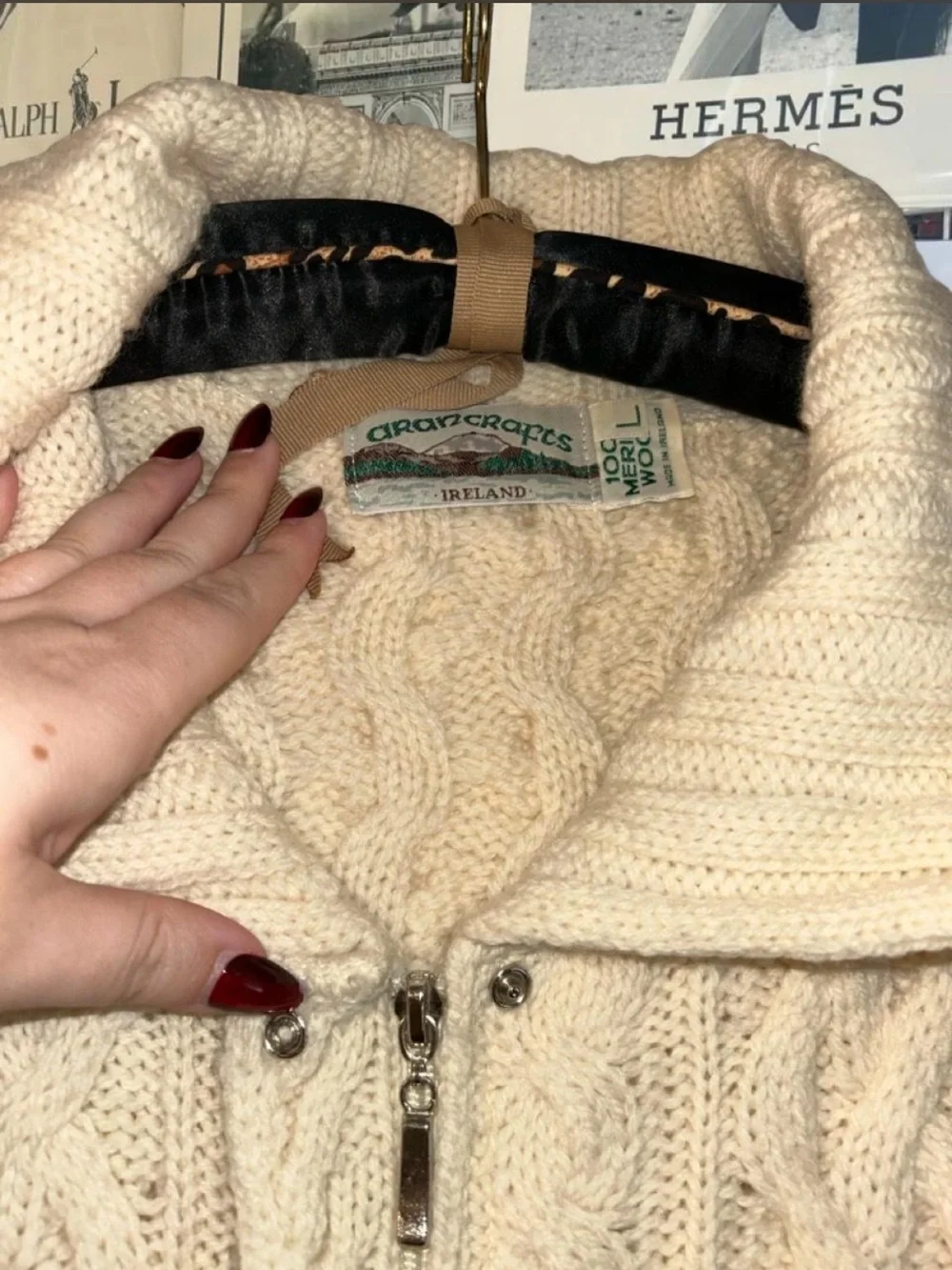 ✨ Aran Crafts Ireland 100% Merino Wool Cream Cable Knit Zip Cardigan, size L ✨